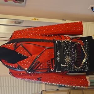 FOR HER  N.Y.C.  Red Studded Moto Jacket with Black Studded Crossbody Bag  1×
